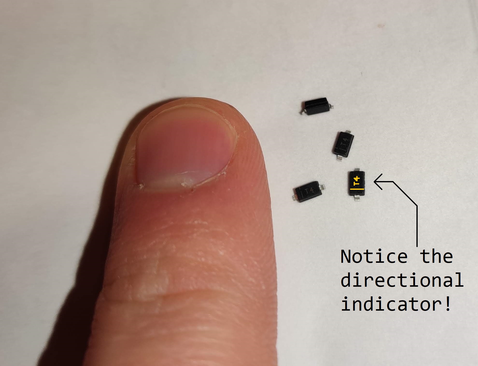 A comparison of the size of diodes next to my finger