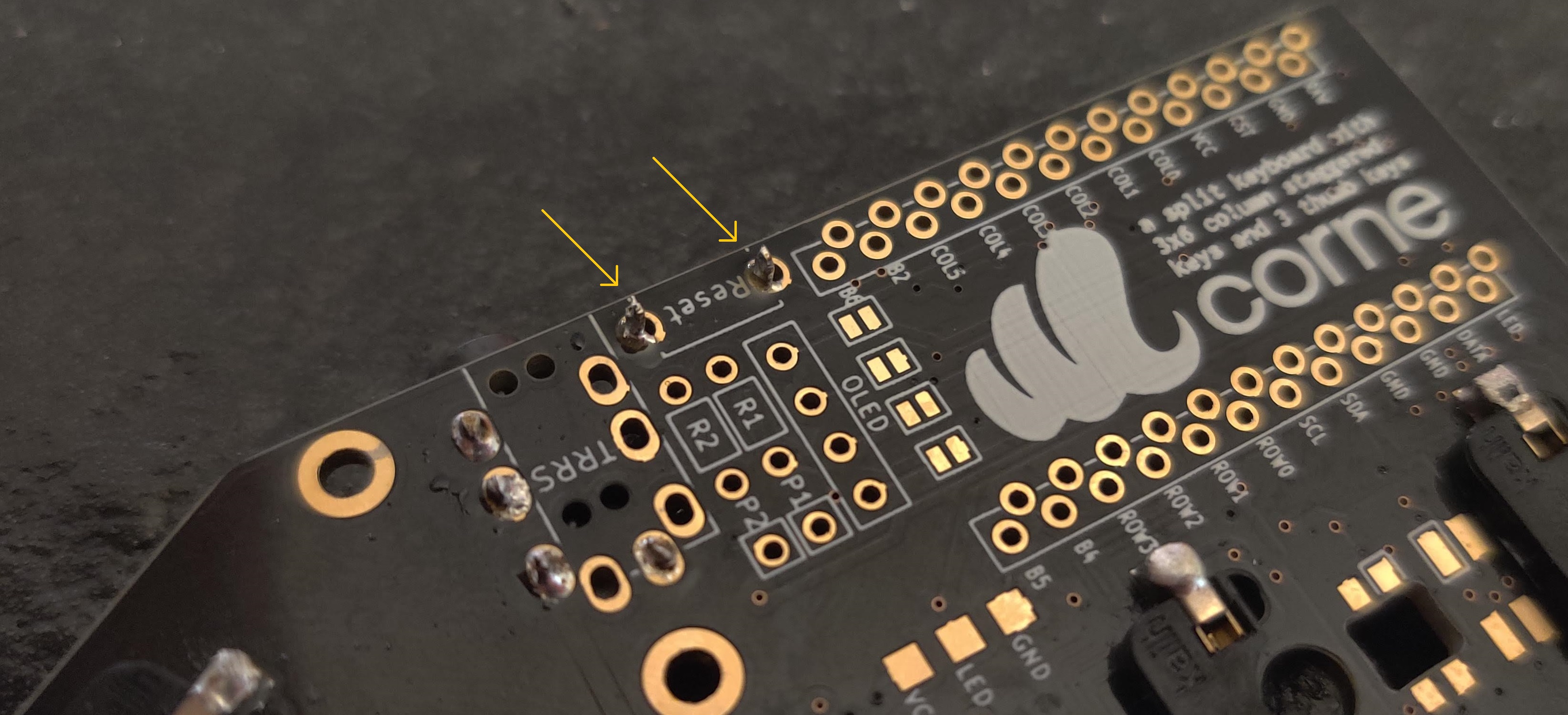 The reset switch soldered to the PCB