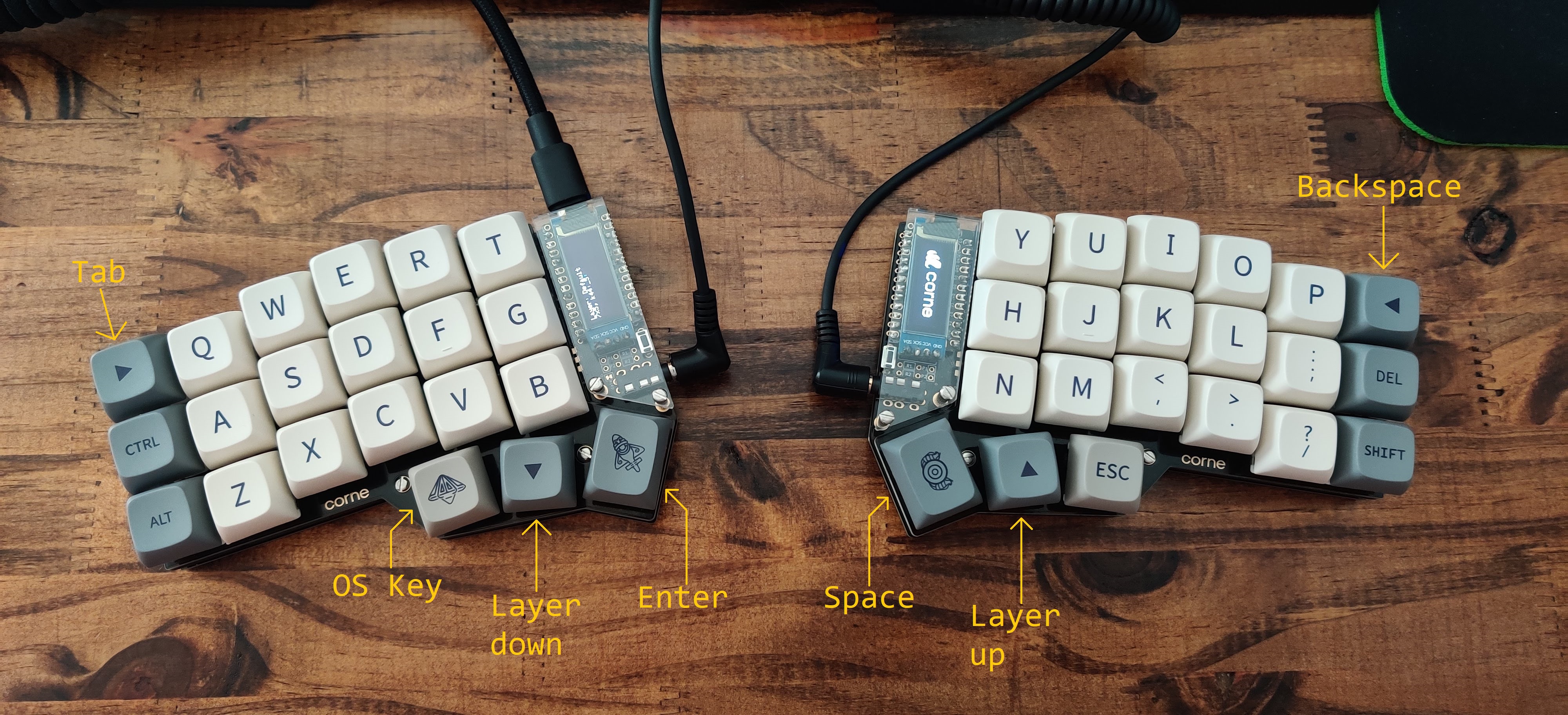 My final keycap layout, with all the keycaps installed on the keyboard