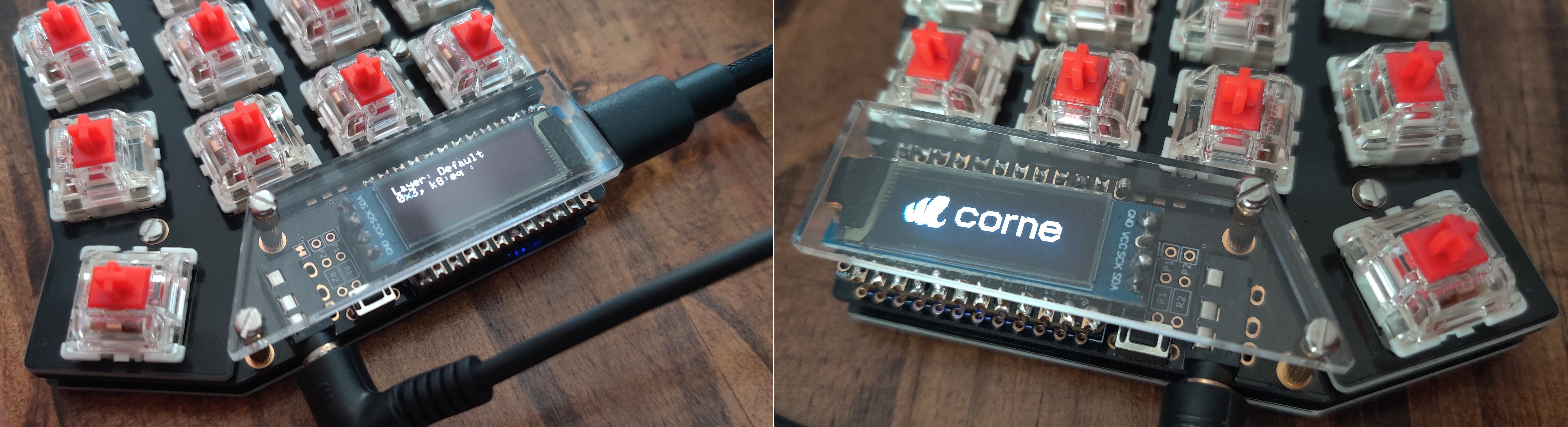 The two OLED screens, lit up with the default QMK firmware